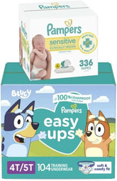 Pampers Easy Ups Pull On Bluey Training Pants Boys and Girls, 4T-5T, One Month Supply (104 Count) with Sensitive Water Based Baby Wipes 4X Pop-Top Packs (336 Count)
