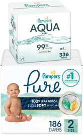 Pampers Pure Protection Disposable Baby Diapers Size 2, One Month Supply (186 Count) with Aqua Pure Baby Wipes, 6X Pop-Top Packs (336 Count)