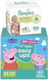 Pampers Easy Ups Pull On Training Pants Peppa Pig, 2T-3T, One Month Supply (140 Count) with Sensitive Water Based Baby Wipes 4X Pop-Top Packs (336 Count)