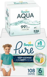 Pampers Pure Protection Disposable Baby Diapers Size 6, One Month Supply (108 Count) with Aqua Pure Baby Wipes, 6X Pop-Top Packs (336 Count)