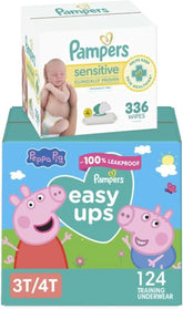 Pampers Easy Ups Pull On Training Pants Peppa Pig, 3T-4T, One Month Supply (124 Count) with Sensitive Water Based Baby Wipes 4X Pop-Top Packs (336 Count)
