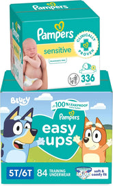 Pampers Easy Ups and Baby Wipes - Pull On Disposable Potty Training Underwear for Boys and Girls, Size 7 (5T-6T), 84 Count, ONE MONTH SUPPLY with Sensitive Wipes, 6X Pop-Top Packs, 336 Count