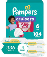 Pampers Pull On Cruisers 360° Fit Disposable Baby Diapers Size 6, 104 Count with Sensitive Water Based Baby Wipes 4X Pop-Top Packs (336 Count)