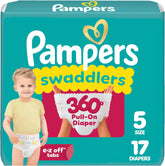 Pampers Diapers - Swaddlers 360° - Size 5, 17 Count, up to 100% Leakproof Comfy Dry Fit, Designed for Easy Changes, Pull On Baby Diaper