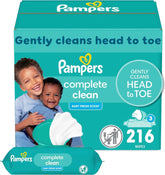 Pampers Baby Wipes, Complete Clean Baby Fresh Scented Wipe, Gently Cleans Head to Toe, 216 Total (3 Flip-Top Packs)