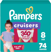 Pampers Diapers - Cruisers 360° - Size 8, 74 Count, up to 100% Leakproof Fit, Designed for Active Babies, Pull On Diaper