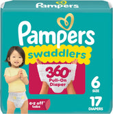 Pampers Diapers - Swaddlers 360° - Size 6, 17 Count, up to 100% Leakproof Comfy Dry Fit, Designed for Easy Changes, Pull On Baby Diaper