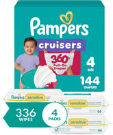 Pampers Pull On Cruisers 360° Fit Disposable Baby Diapers Size 4, One Month Supply (144 Count) with Sensitive Water Based Baby Wipes 6X Pop-Top Packs (336 Count)