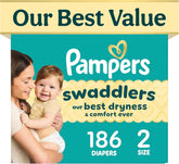 Pampers Swaddlers Diapers, Size 2 (10-22 lbs), 186 Count, Fragrance Free, Hypoallergenic, Absorbent, Pediatrician Recommended, Skin Safe