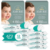 NEW Pampers Amore, Size 4 (15-34 lbs), 150 Count, Our Best Diaper + Pampers Baby Wipes Aqua Pure, 99% Water-Based Wipes, Hypoallergenic and Unscented Infant Wipe, 672 Total (12 Flip-Top Packs)