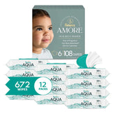Bundle of Pampers Amore, Size 6 (23-44 lbs), 108 Count + Pampers Baby Wipes Aqua Pure, 99% Water-Based Wipes, Hypoallergenic and Unscented Baby Wipes, 672 Wipes Total (12 Flip-Top Packs)