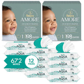 NEW Pampers Amore, Size 1 (8-14 lbs), 198 Count, Our Best Diaper + Pampers Baby Wipes Aqua Pure, 99% Water-Based Wipes, Hypoallergenic and Unscented Infant Wipe, 672 Total (12 Flip-Top Packs)