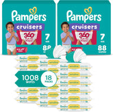 Pampers Pull On Cruisers 360° Fit Disposable Baby Diapers Size 7, 2 Months Supply (2 x 88 Count) with Sensitive Water Based Baby Wipes 12X Multi Pack Pop-Top and Refill (1008 Count)