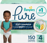 Pampers Pure Baby Diapers, Size 4 (22-37 lbs), 150, Up to 100% Leakproof, Premium Hypoallergenic Soft Diapers