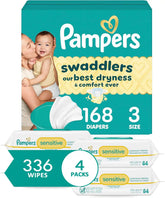 Diapers Size 3, 168 Count and Baby Wipes - Pampers Swaddlers Disposable Baby Diapers and Water Baby Wipes Sensitive Pop-Top Packs, 336 Count (Packaging May Vary)