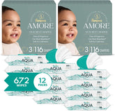 Pampers Amore Diapers Size 3, 2 x 116 Count, with Pampers Aqua Pure Water Based Baby Wipes 12X Flip-Top Packs (672 Count)