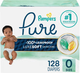 Pampers Pure Baby Diapers, Size 0 (>10 lbs ), 128, Up to 100% Leakproof, Premium Hypoallergenic Soft Diapers