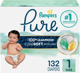 Pampers Pure Baby Diapers, Size 1 (8-14 lbs), 132, Up to 100% Leakproof, Premium Hypoallergenic Soft Diapers
