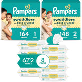 Pampers Baby Diapers and Wipes Starter Kit, Swaddlers Disposable Baby Diapers Sizes 1 (164 Count) & 2 (148 Count) with Sensitive Water Based Baby Wipes 8X Pack Pop-Top (672 Count)