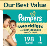 Pampers Swaddlers Diapers, Size 1 (8-14 lbs), 198 Count, Fragrance Free, Hypoallergenic, Absorbent, Pediatrician Recommended, Skin Safe