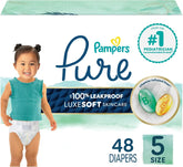 Pampers Pure Baby Diapers, Size 5 (27+ lbs), 48, Up to 100% Leakproof, Premium Hypoallergenic Soft Diapers