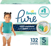 Pampers Pure Baby Diapers, Size 5 (27+ lbs), 132, Up to 100% Leakproof, Premium Hypoallergenic Soft Diapers