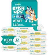 Pampers Easy Ups Pull On Bluey Training Pants Boys and Girls, 2T-3T, One Month Supply (140 Count) with Sensitive Water Based Baby Wipes 12 Flip-Top Packs (1008 Wipes Total)
