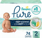 Pampers Pure Baby Diapers, Size 2 (12-18 lbs), 74, Up to 100% Leakproof, Premium Hypoallergenic Soft Diapers