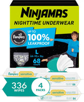 Ninjamas Boys Nighttime Underwear, Size L for Boys (64-95+ lbs), 68 Count, Ultra Absorbent + Pampers Wipes, Sensitive, Water Based Wipe, Hypoallergenic, and Unscented, 336 Wipes Total (4 Packs)