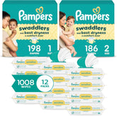 Pampers Baby Diapers and Wipes Starter Kit - Swaddlers Disposable Diapers Sizes 1 (198 Count) & 2 (186 Count) With Sensitive Water Based Wipes 12 Flip-Top Packs (1008 Total)