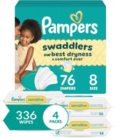 Pampers Swaddlers Disposable Baby Diapers Size 8, One Month Supply (76 Count) with Sensitive Water Based Baby Wipes 4X Pop-Top Packs (336 Count)