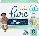 Pampers Pure Baby Diapers, Size 0 (>10 lbs), 76, Up to 100% Leakproof, Premium Hypoallergenic Soft Diapers