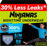 Ninjamas Boys Bedwetting Nighttime Underwear, Size S/M (38-70 lbs), 88 Count, Overnight Protection, Ultra Absorbent, Hypoallergenic