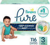 Pampers Pure Baby Diapers, Size 3 (16-28 lbs), 116, Up to 100% Leakproof, Premium Hypoallergenic Soft Diapers
