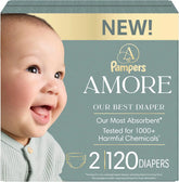 Pampers Amore, Size 2 (10-22 lbs), 120 Count, Our Best Diaper – Hypoallergenic & Fragrance Free, Up to 100% Leakproof, Soft as Cashmere