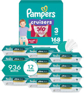 Pampers Pull On Cruisers 360° Fit Disposable Baby Diapers Size 3, One Month Supply (168 Count) with Free & Gentle Baby Wipes 12 Flip-Top Packs (936 Wipes Total)
