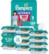 Pampers Pull On Cruisers 360° Fit Disposable Baby Diapers Size 5, 128 Count with Free & Gentle Baby Wipes 12 Flip-Top Packs (936 Wipes Total)
