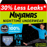 Ninjamas Boys Bedwetting Nighttime Underwear Boys - Size S/M (38-70 lbs), 14 Count, Overnight Protection, Ultra Absorbent, Hypoallergenic