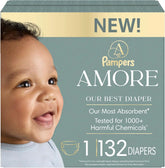Pampers Amore, Size 1 (8-14 lbs), 132 Count, Our Best Diaper – Hypoallergenic & Fragrance Free, Up to 100% Leakproof, Soft as Cashmere