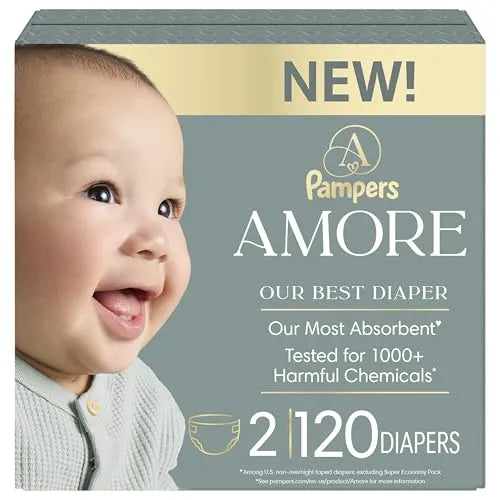 Pampers Amore Diapers Size 2, 120 Count, with Pampers Aqua Pure Water Based Baby Wipes 6X Flip-Top Packs (336 Count)