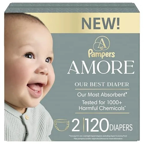 Pampers Amore Diapers Size 2, 120 Count, with Pampers Aqua Pure Water Based Baby Wipes 6X Flip-Top Packs (336 Count)