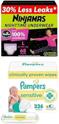 Ninjamas Girls Nighttime Underwear, Size L (64-95+ lbs), 68 Count, Overnight Underwear + Pampers Wipes, Sensitive, Water Based Wipe, Hypoallergenic, and Unscented, 336 Wipes Total [Packaging May Vary]