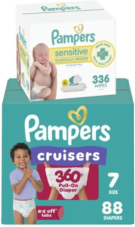 Diapers Size 7, 88 Count and Baby Wipes - Pampers Pull On Cruisers 360° Fit Baby Diapers with Stretchy Waistband, ONE MONTH SUPPLY with Sensitive Wipes, 6X Pop-Tops, 336 Count (Packaging May Vary)