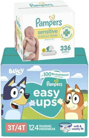Pampers Easy Ups Pull On Bluey Training Pants Boys and Girls, 3T-4T, One Month Supply (124 Count) with Sensitive Water Based Baby Wipes 4X Pop-Top Packs (336 Count)