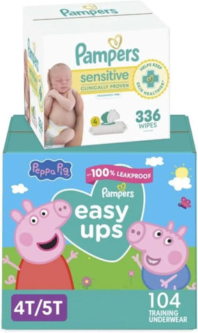 Pampers Easy Ups Pull On Training Pants Peppa Pig, 4T-5T, One Month Supply (104 Count) with Sensitive Water Based Baby Wipes 4X Pop-Top Packs (336 Count)