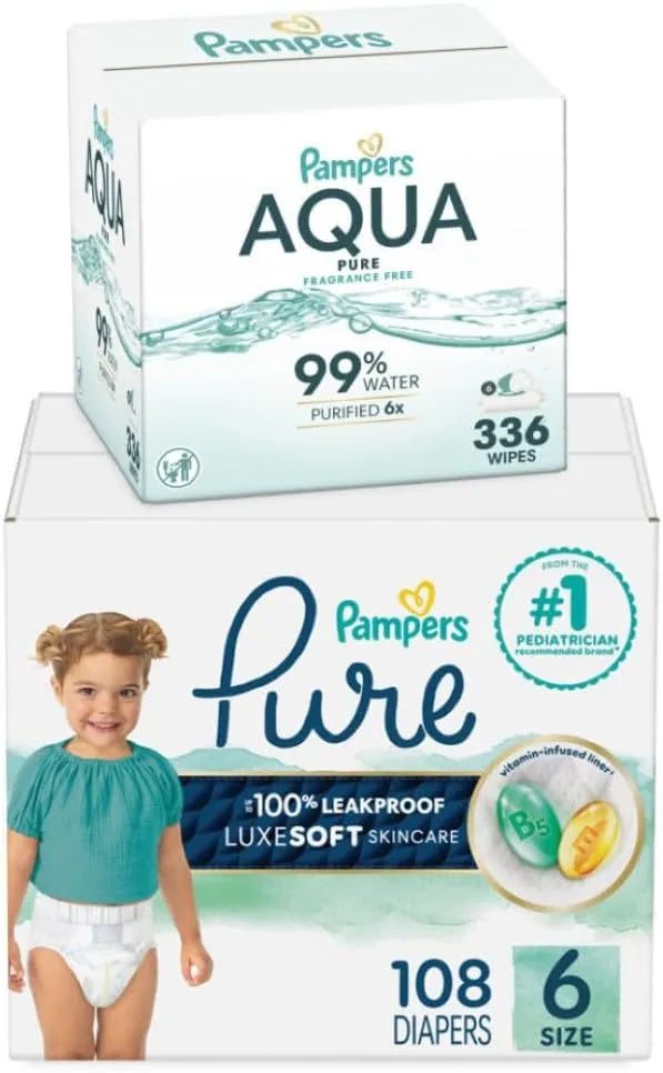 Pampers Pure Protection Disposable Baby Diapers Size 6, One Month Supply (108 Count) with Aqua Pure Baby Wipes, 6X Pop-Top Packs (336 Count)