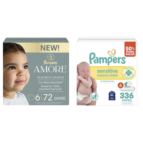 Pampers Amore Diapers Size 6, 72 Count, with Pampers Sensitive Water Based Baby Wipes 4X Flip-Top Packs (336 Count) [Packaging May Vary]