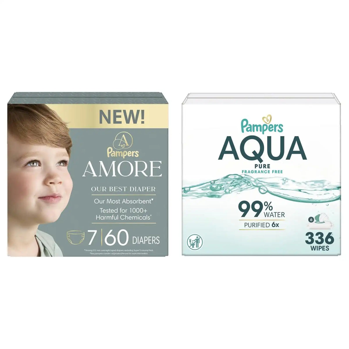 Pampers Amore Diapers Size 7, 60 Count, with Pampers Aqua Pure Water Based Baby Wipes 6X Flip-Top Packs (336 Count)