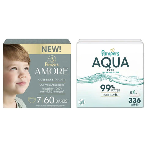 Pampers Amore Diapers Size 7, 60 Count, with Pampers Aqua Pure Water Based Baby Wipes 6X Flip-Top Packs (336 Count)