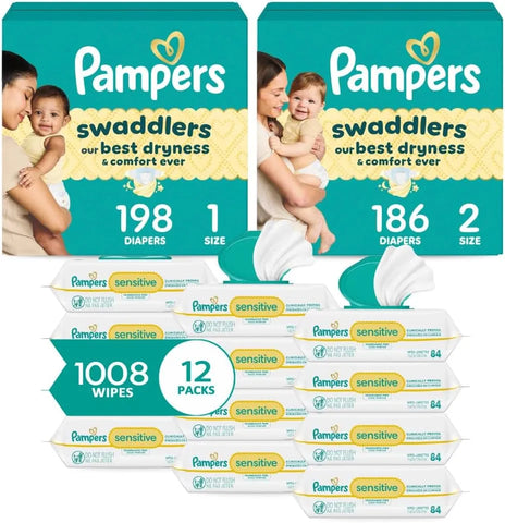 Pampers Baby Diapers and Wipes Starter Kit, Swaddlers Disposable Baby Diapers Sizes 1 (198 Count) & 2 (186 Count) & Sensitive Water Based Baby Wipes 12X Flip-Top Packs (1008 Count)[Packaging May Vary]